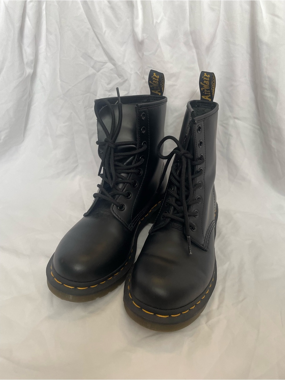 Dr. Martens Black Lace-Up Combat Boots with Yellow Stitching